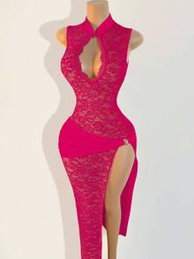 BamGleam Seksowna i modna sukienka w jednolitym kolorze z rozcięciem z boku i kołnierzykiem w stylu cheongsam z koronką - Wyrazisty róż - Zobacz 3