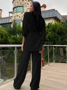 Cottnline Cotton Flap Pocket Drop Shoulder Drawstring Waist Blouse & Pants - Black - View 5