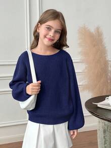 SHEIN Serisse Kids Tween Girls Solid Navy Color Asymmetrical Neckline Long Sleeve Sweater, Suitable For Autumn Winter, Back To School, Fall Winter Clothes, Winter Girls Clothes, Mommy And Me Matching Outfit, Chic Autumn Sweater,Mother Daughter Outfits Navy Sweater Navy Blue Girls Sweater Off The Shoulder Tops For Tweens Tween Off The Shoulder Top Girls Navy Sweater Girls Off The Shoulder Sweater Navy Blue Sweater Girls Blue Sweater Tween