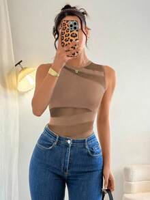 Chiquease Elegant Sexy Fashion Black Round Neck Sleeveless Fitted Asymmetrical Geometric Mesh Patchwork Knitted Bodysuit For Women, Spring/Summer