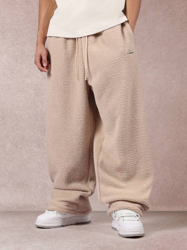 Heavyweight Sherpa Borg Wide Leg Sweatpants With Elastic Cuffs