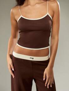 MISSGUIDED Soft Touch Wide Leg Lounge Set With Contrast Trim Cami Top And High Rise Pants Luxurious Comfort Leisure Wear Coordinated Pajama Set - Coffee Brown - View 3