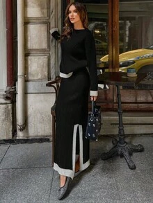 EURMUSE Set de 2 piese pentru femei, cu model cu dungi în culori contrastante, cu buzunare, cu mânecă lungă și fustă cu crăpătură laterală