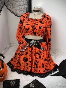 Sunspun 2 件万圣节主题泡泡袖衬衫和松紧腰撞色蕾丝裙套装 - 彩色 - 查看 4
