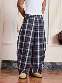 SWAVVY Men's Plaid Pocket Casual Loose Long Pants, Fall - Brown - View 4