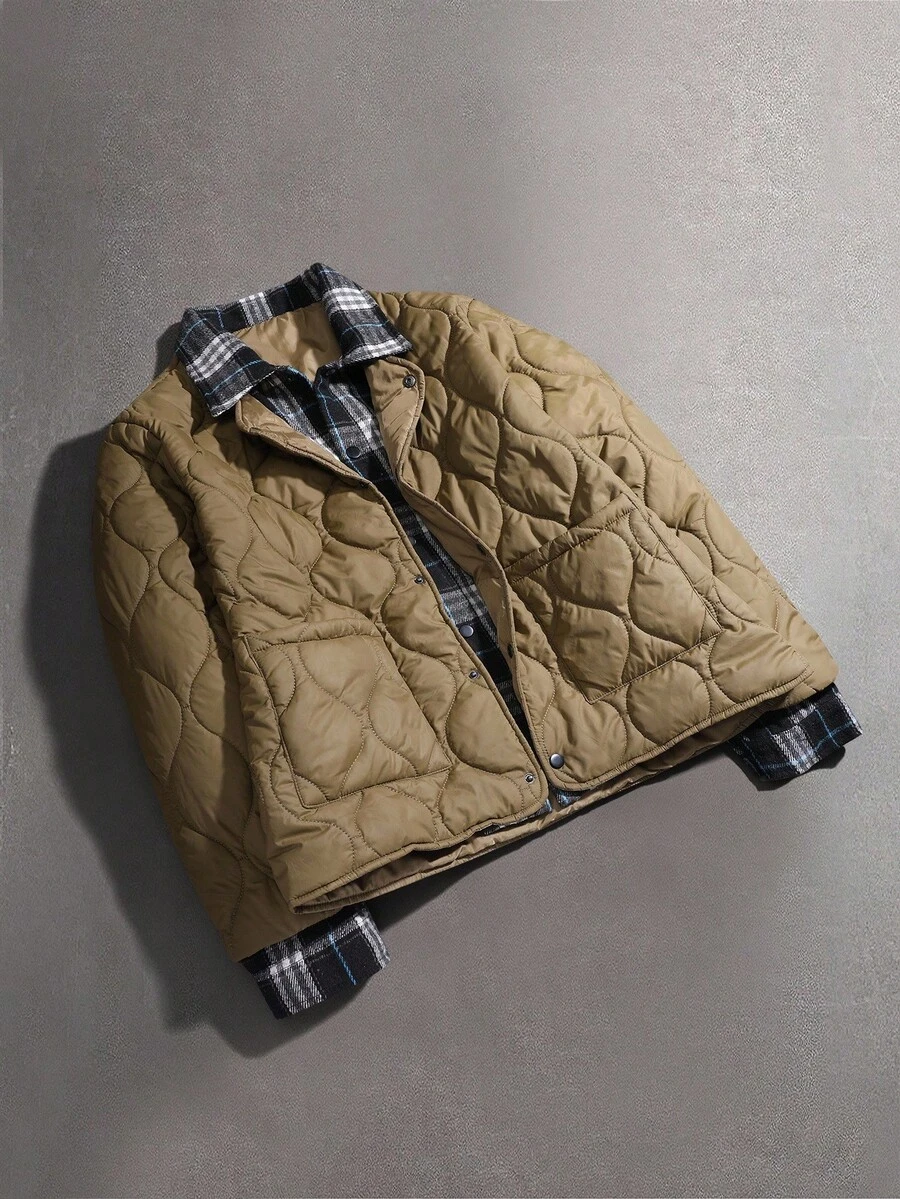 PAVTROS 男士秋冬时尚格子二合一羽绒服 浅棕色绗缝夹克 男士绗缝夹克 男士轻薄夹克 绗缝夹克 男士外套 男士浅棕色夹克 男士休闲夹克 - 咖啡棕 - 查看 1