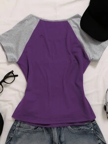 INAWLY Summer Casual Colorblock Letter & Number Print T-Shirt - Purple - View 2