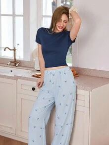 SHEIN Women's Casual Solid Color Short Sleeve Top & Plaid Bow Print Pants Pajama Set Pajama Sets For Women Pants