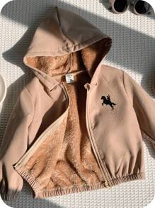 SHEIN 男女通用婴儿休闲连帽羊毛外套，卡其色，适合男婴和女婴，秋冬季