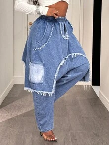 Slaydiva Women's Elastic Waist Frayed Hem Loose Harem Casual Jeans Baggy Jeans Y2k Oversized Jeans Frayed Jeans Patchwork Jeans Loose Jeans Distressed Jeans Ripped Jeans Denim Pants - Light Wash - View 5