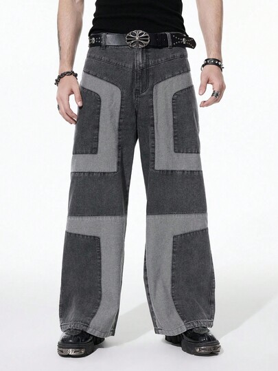 Street Life Men's Fashion Color Block Wide Leg Jeans
