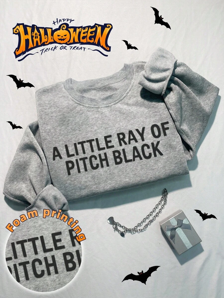 INAWLY Plus Halloween Fashionable Street Casual Foam Slogan Print Loose Fit Crew Neck Long Sleeve Sweatshirt Fall Cloth For Women Winter Autumn - Grey - View 1