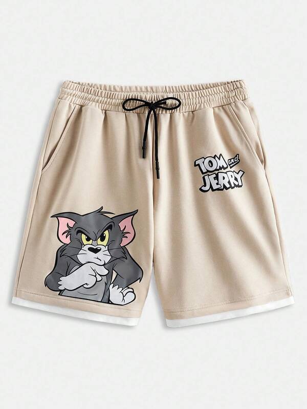 TOM & JERRY X SHEIN Pantalones cortos con cordón en la cintura con gráficos de dibujos animados y letras para hombres