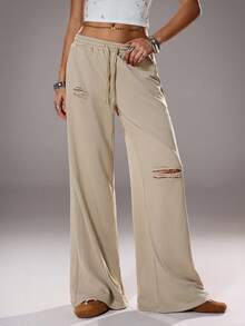 TRNVIE 1 pieza Pantalón deportivo casual con efecto desgastado color caqui para mujer, de talle bajo, adecuado para la temporada de vuelta al colegio, otoño