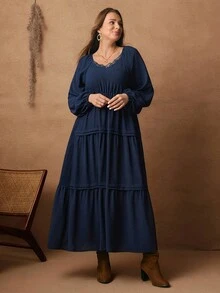 Rosumi Gaun Lengan Panjang Berenda dengan Hiasan Rumbai Warna Polos Ukuran Besar, Pakaian Musim Dingin untuk Wanita, Pakaian Musim Gugur untuk Wanita, Gaun Panjang Kasual - Navy Blue - View 10