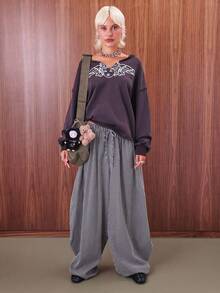 COUREZ Low Rise Striped Baggy Barrell Trousers /Y2K  Clothes For Women Spring Clothes For Women  Outfits For Women Wide Leg Pants - Black - View 2