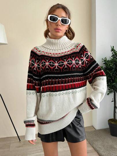 EURMUSE Fair Isle Jacquard Turtleneck Casual Versatile Long Sleeve Pullover Sweater,Jumper,Jumpers For Women,Cream Jumper,Jumpers,Christmas Jumper,White Jumper,Black Jumper,Ladies Jumper,Tall In Women,Women's Jumpers