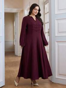 Al Najma Vestido feminino plus size elegante cor sólida manga sino estilo árabe - Borgonha - Ver 5