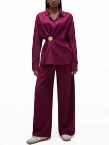 Aveloria GENKIRA 2pcs Set: Asymmetric Floral Brooch Design Casual Long Sleeve Shirt & High Waist Wide Leg Pants Fall Cloth For Women - Burgundy - View 3