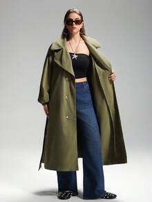 LYSMO Plus Size Solid Color Double-Breasted Long Trench Coat Winter Fall Autumn