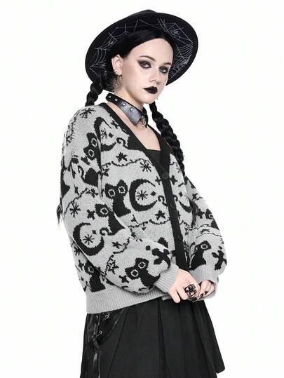 Goth Women's Loose Casual Knit Cardigan With Dark Mysterious Cat & Moon Pattern, Halloween