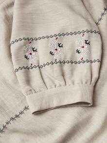 EMERY ROSE 2 Stücke Große Größen Set aus grafisch bedruckter Bluse mit Krawattenausschnitt und weiter Hose mit langen Ärmeln