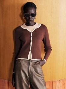 Lumivelle Women's Casual Contrast Color Single-Breasted Knit Cardigan, Autumn Fall Winter Cloth For Women - Coffee Brown - View 4