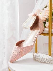 CUCCOO HITCHD 粉色珍珠蝴蝶结蕾丝女士平底鞋，低跟，舒适，优雅，适合婚礼，女士镂空平底鞋 - 粉色 - 查看 6
