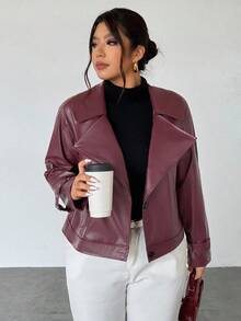 Firerie Chaqueta de piel sintética de unicolor con cuello de solapa y manga larga para mujer de talla grande, otoño - Burdeos - Ver 4