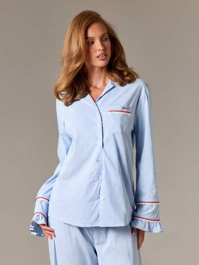 AiiRZ 女士复古风格长袖睡衣上衣纽扣式睡衣，带褶边细节胸袋休闲居家睡衣条纹睡衣