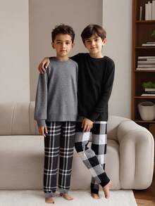 4 件套男童睡衣套装，长袖上衣，撞色袖口和条纹下装，舒适睡衣，设计简洁百搭（单独出售 2 套）男童休闲套装，返校时尚青少年男童睡衣套装