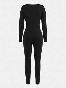 Girlism Teen Girls Elegant Casual Solid Black Long Sleeve Snug Fit U-Neck Jumpsuit Jumpsuit For Teens Teen Jumpsuit One Piece Jumpsuit Body Suit Ribbed Jumpsuit Fall Winter - Black - View 2