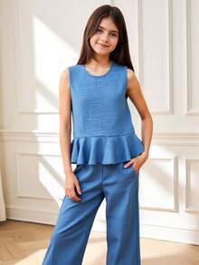 SHEIN 2pcs Girls Sleeveless Ruffle Trim Top And Wide Leg Pants Set, Casual Vacation Daily Outfit