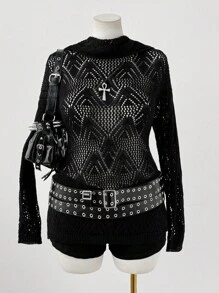 Sweetra Nuevo suéter versátil de cuello alto, hueco, punk, retro de manga larga - Negro - Ver 3
