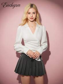 少女休闲优雅百搭白色长袖不对称领衬衫，春秋装 - 白色 - 查看 4