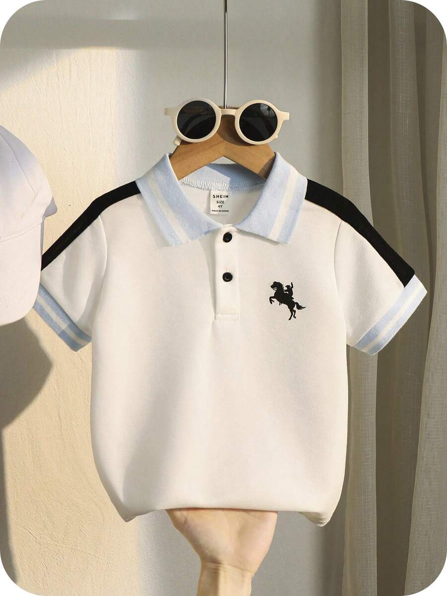 男童休闲舒适百搭图案拼色袖 Polo 衫 - 淺藍色 - 查看 1
