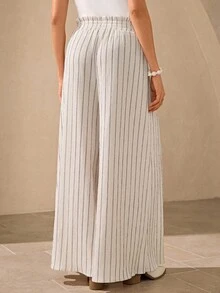 Wildy Fall Country Chic  Outfits Women Casual Comfortable Linen Flared Pants In Apricot Color, Elastic Waistband With Pockets, Suitable For Daily Casual Outings And Vintage Style Wear, Suitable For Summer And Autumn Striped Wide Leg Pants Pleated Wide Leg Pants Striped Pants Wide Leg Summer Pants Summer Pants - Apricot - View 5