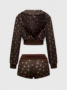 ROMWE Avant Women's Cute Deer Print Hooded Lace Patchwork Sweatshirt And Shorts 2 Pieces Set - Brown - View 2