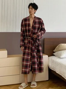 DAZY 男士长款格子睡袍，配腰带，秋季睡衣，冬季款 - 彩色 - 查看 6
