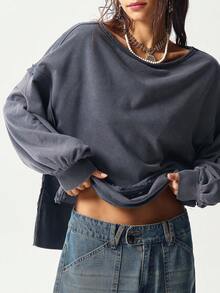Bohemela Casual Solid Color Knit Round Neck Lantern Sleeve Loose Washed Relaxed Fit Women Sweatshirt In Fall/Winter - Grey - View 6