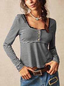 Bohemela Lässiges gestreiftes Damen T-Shirt mit Rundhalsausschnitt, Langarm und figurbetonter Passform