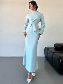 Firerie 女士优雅休闲都市通勤时尚百搭蓝色长袖立领不对称下摆衬衫搭配直筒裙套装，秋季穿搭 - 淺藍色 - 查看 3