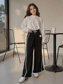 SHEIN Girls' Embroidered Drawstring Waist Casual Sports Pants, Fashionable & Versatile - Black - View 2