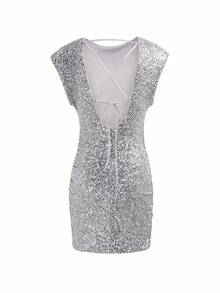 INAWLY 女士时尚性感亮片褶皱紧身连衣裙，夏季 - 銀色 - 查看 2