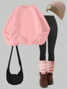 SHEIN 2件套女童加厚抓绒圆领卫衣和打底裤套装，图案T恤，冬季服装，秋季时尚连帽衫，猫咪爱心图案 - 粉色 - 查看 7