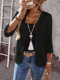 EMERY ROSE Women's Solid Color Open Front 3/4 Sleeve Casual Lightweight Jacket, Autumn,Fall