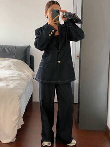 Livesso 女式翻领西装外套和宽松牛仔裤套装（秋冬） - 藍色 - 查看 5