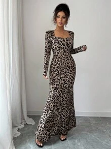 Elenzga 随机豹纹针织弹力复古优雅修身方领长泡泡袖腰部收紧美人鱼连衣裙，带褶饰设计 - 棕色 - 查看 5