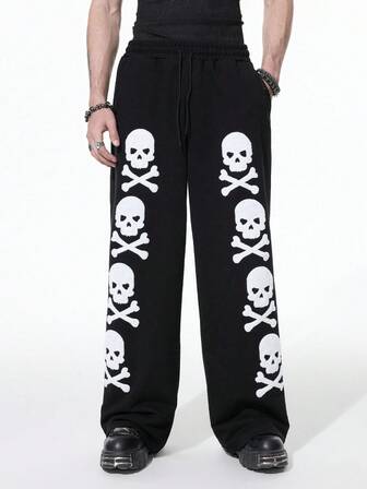 Goth Pantaloni della tuta casual a gamba larga con stampa teschio da uomo