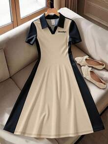 Tween Girls' Casual Vacation Black & Grey Patchwork Knit Polo Collar Short Sleeve Letter Print Midi Dress - Khaki - View 3